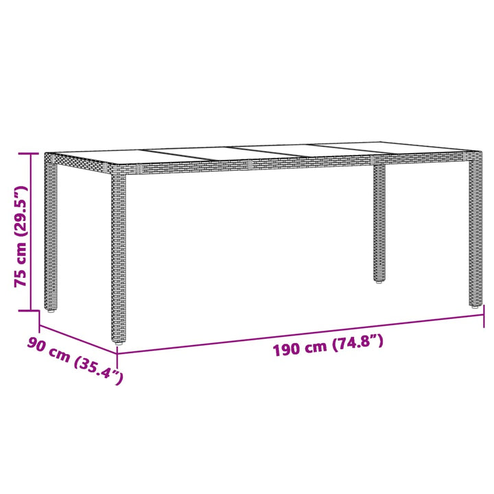 havebord med glastop 190x90x75 cm polyrattan brun