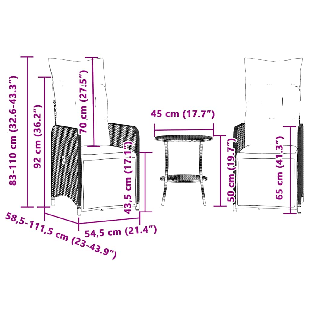 havestole med lænefunktion 2 stk. med bord grå polyrattan