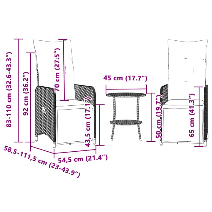 havestole med lænefunktion 2 stk. med bord grå polyrattan