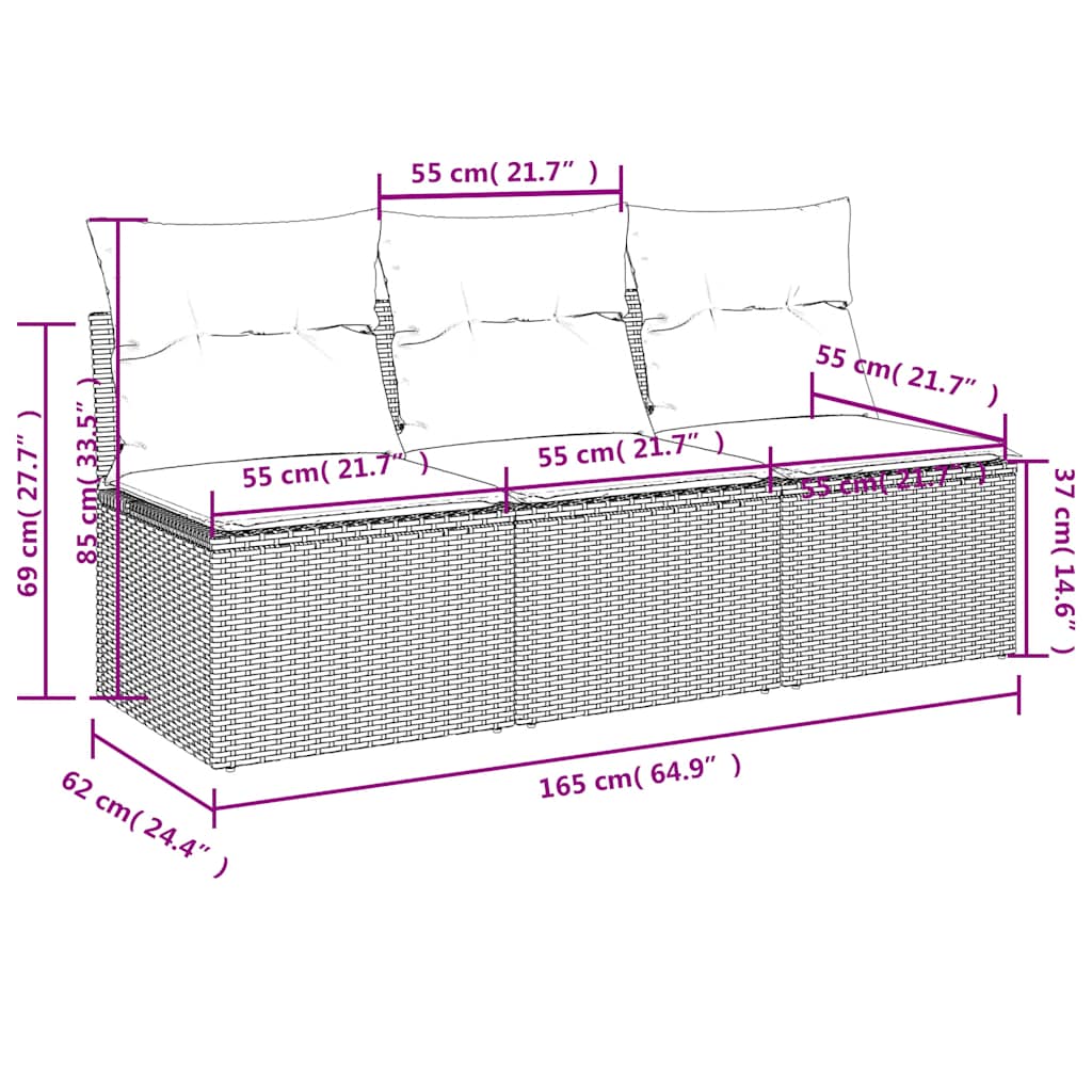 3-personers havesofa med hynder polyrattan sort