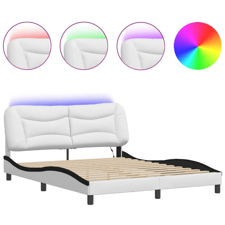 sengestel med LED-lys 160x200 cm kunstlæder hvid og sort