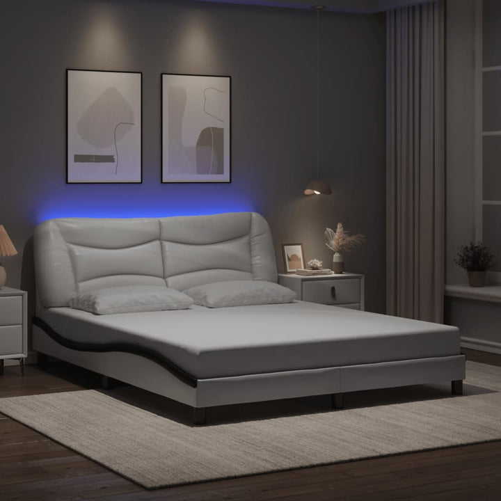 sengestel med LED-lys 160x200 cm kunstlæder hvid og sort