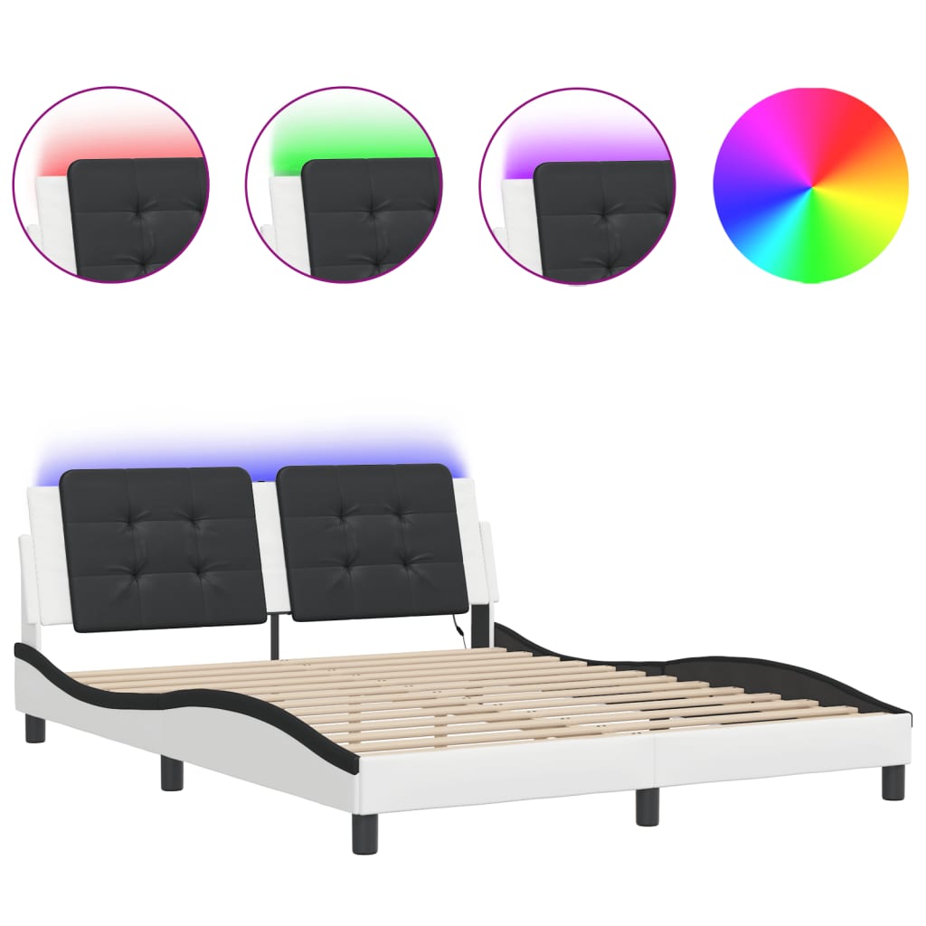 sengestel med LED-lys 160x200 cm kunstlæder hvid og sort
