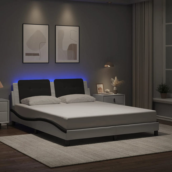 sengestel med LED-lys 160x200 cm kunstlæder hvid og sort