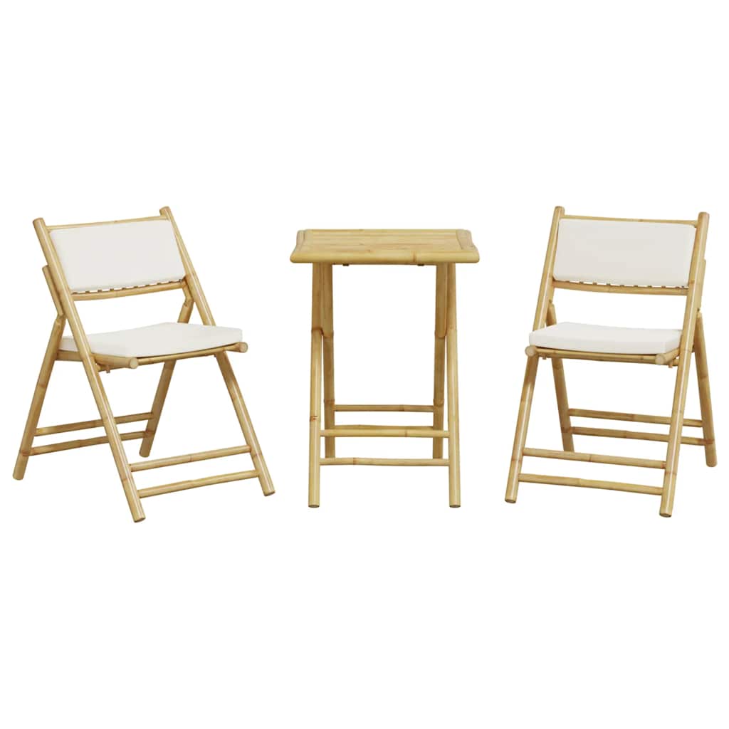 bistrostole 3 stk. foldbare med cremehvide hynder bambus