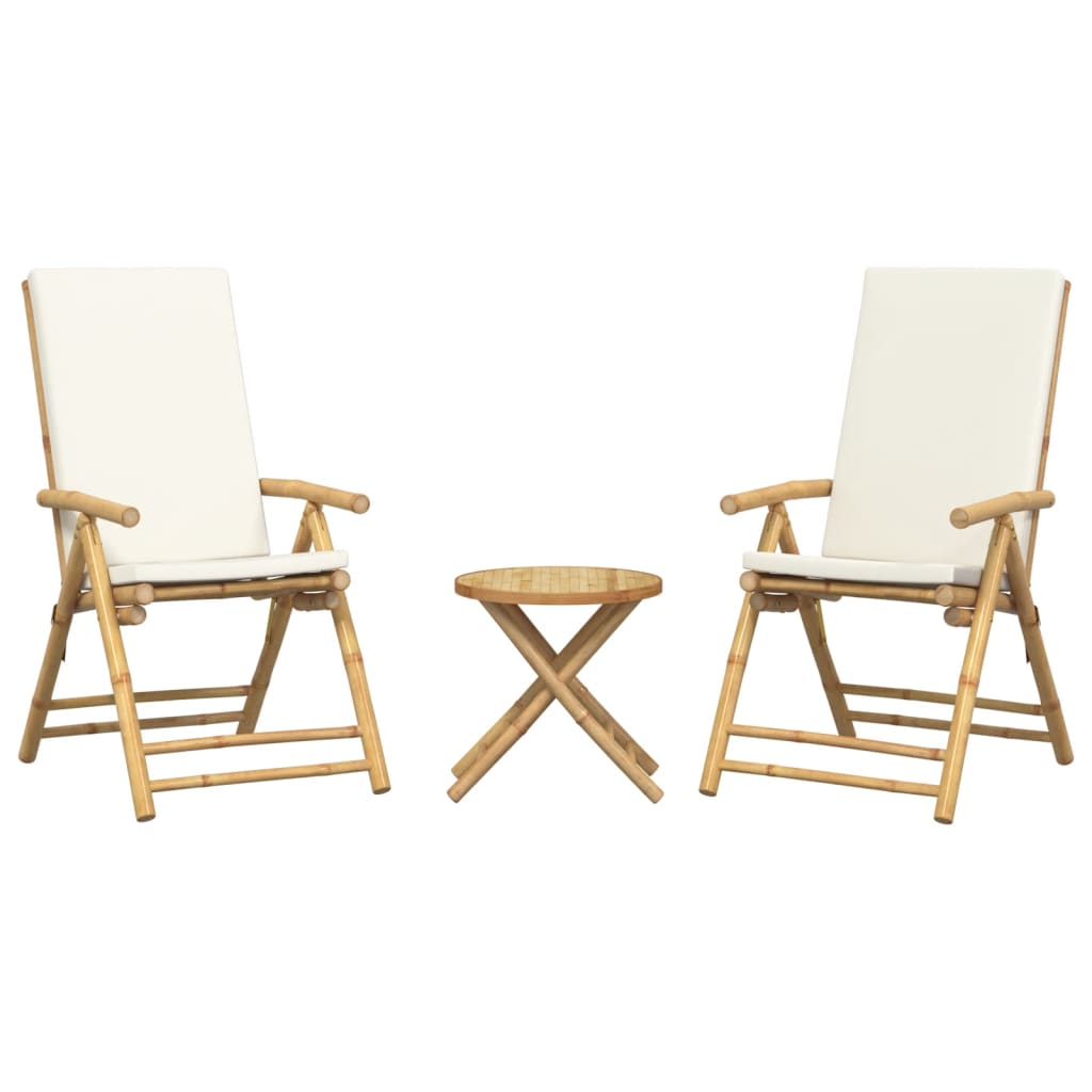 bistrostole 3 stk. foldbare med cremehvide hynder bambus