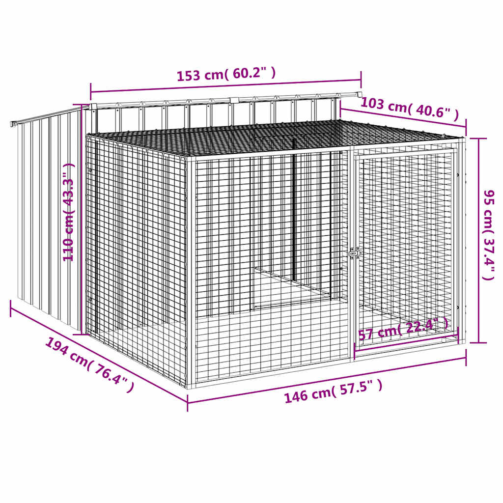 hundehus med løbegård antracit 153x194x110 cm galvaniseret stål