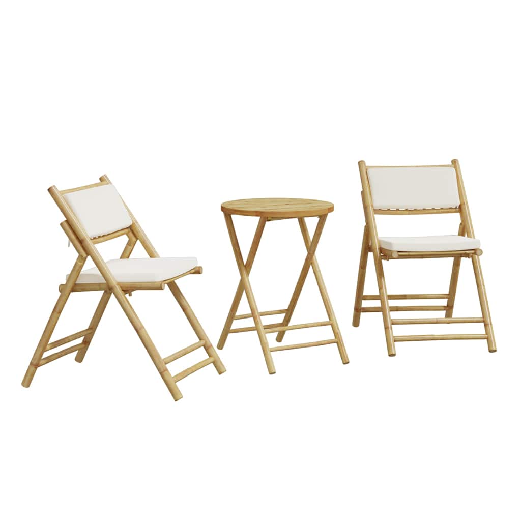 bistrostole 3 stk. foldbare med cremehvide hynder bambus