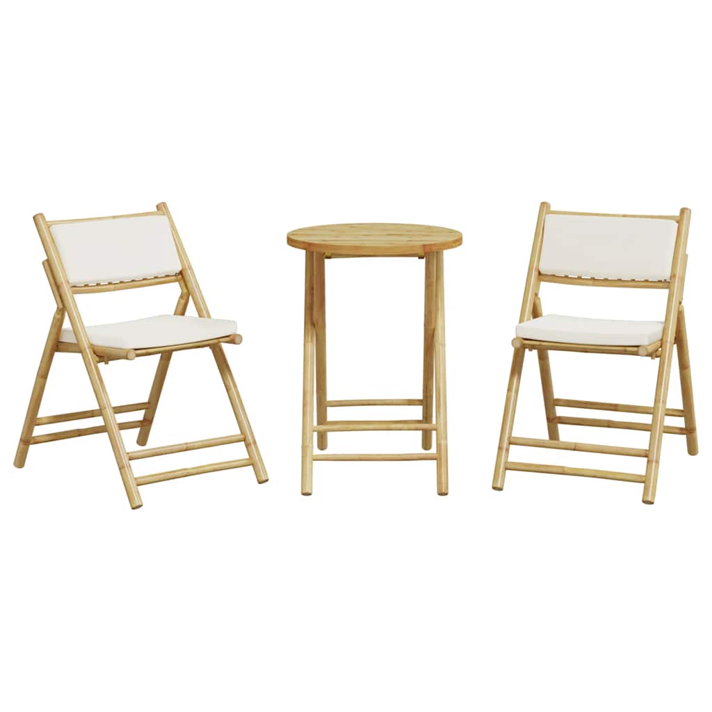 bistrostole 3 stk. foldbare med cremehvide hynder bambus