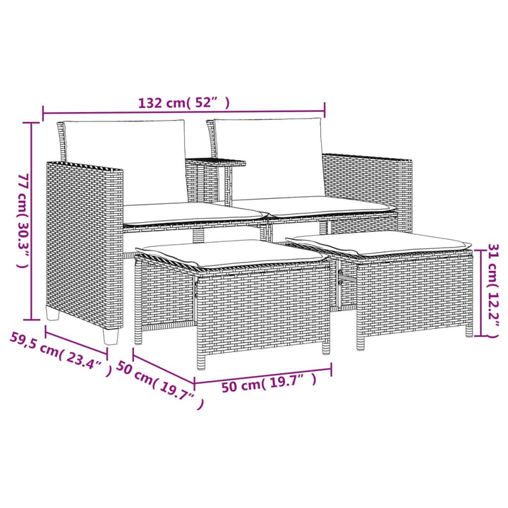 2-personers havesofa med bord og skamler polyrattan sort