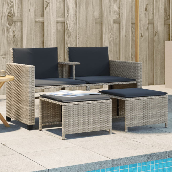 2-personers havesofa med bord og skamler polyrattan lysegrå