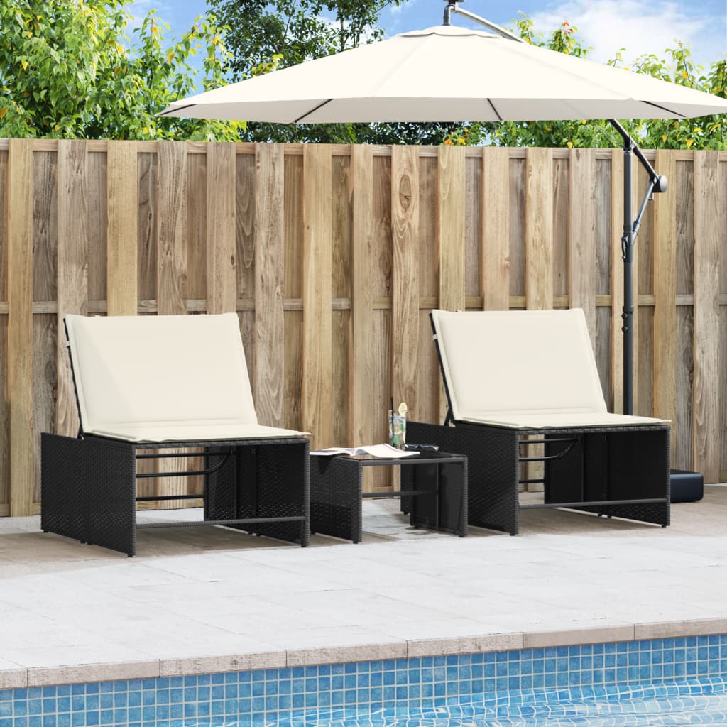 modulære liggestole 2 stk. med bord sort polyrattan
