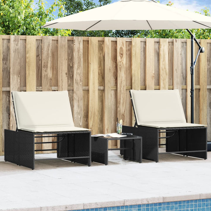 modulære liggestole 2 stk. med bord sort polyrattan