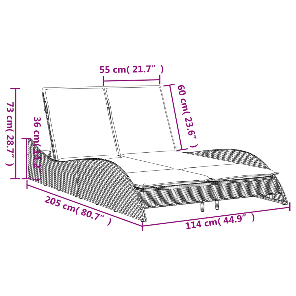 liggestol med hynde 114x205x73 cm polyrattan lysegrå
