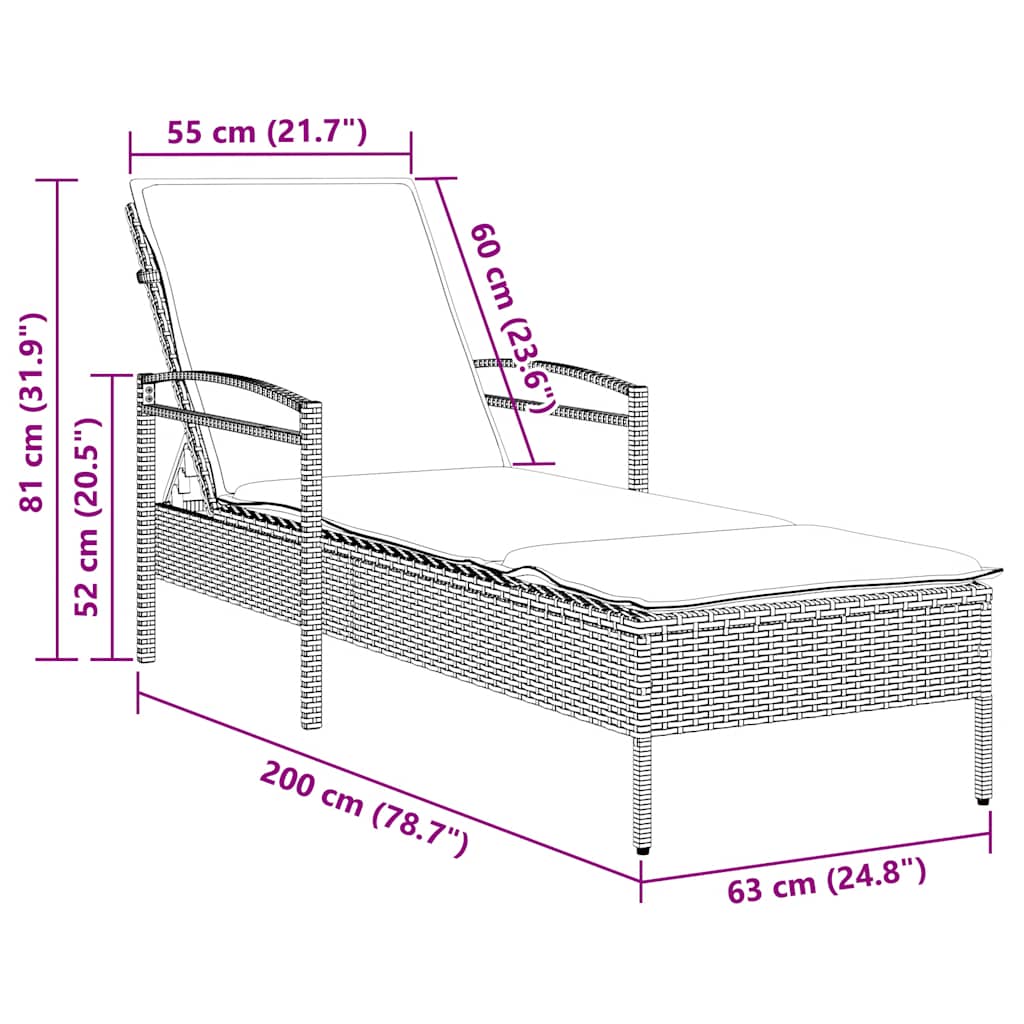 liggestol med hynde grå 63x200x81 cm polyrattan (kun USA)