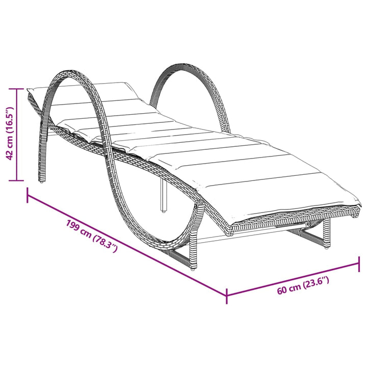 liggestol med hynde 60x199x42 cm polyrattan grå