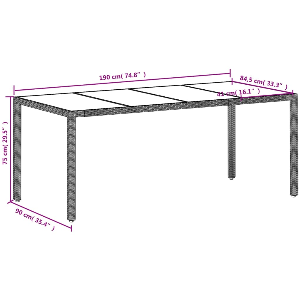 havebord med glastop 190x90x75 cm polyrattan lysegrå