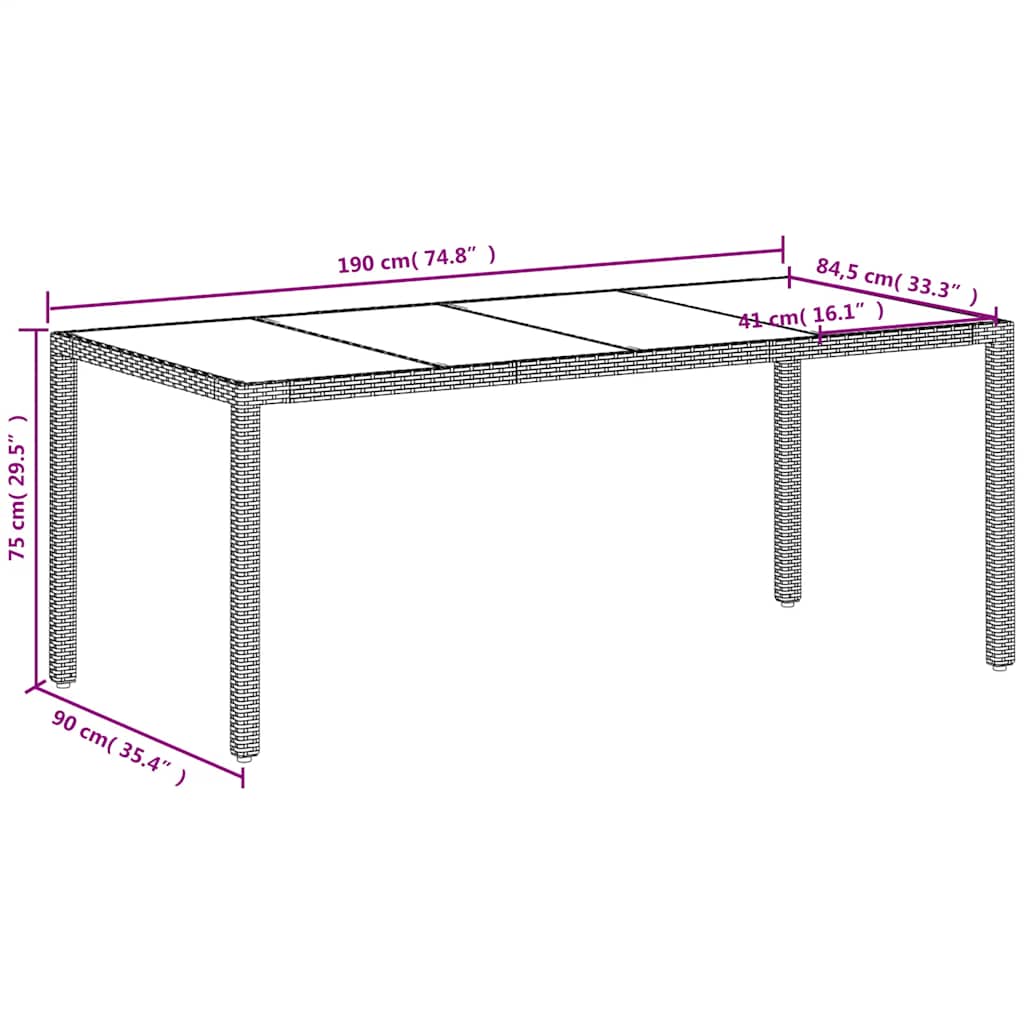 havebord med glastop 190x90x75 cm polyrattan hvid
