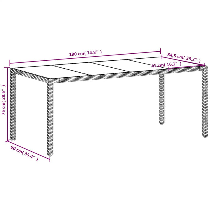 havebord med glastop 190x90x75 cm polyrattan hvid