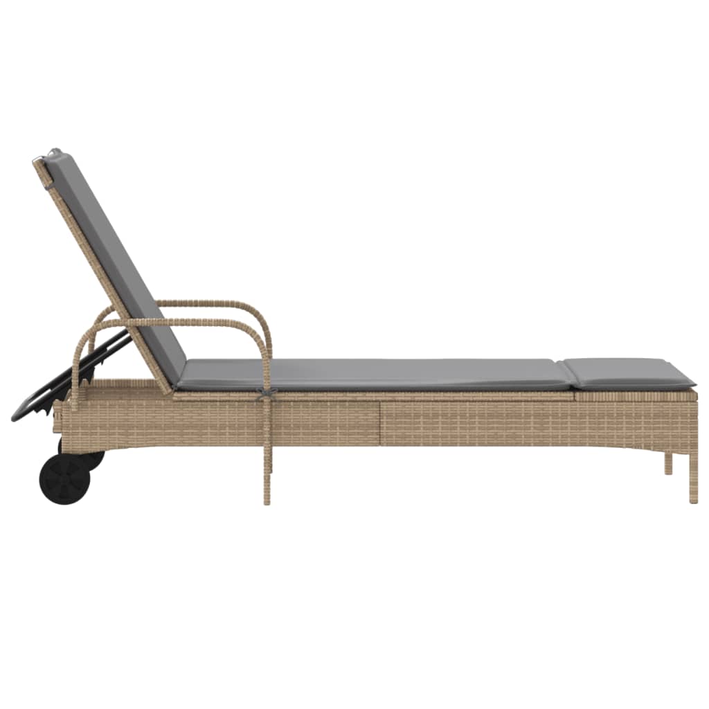 liggestol med hjul og hynde polyrattan beige