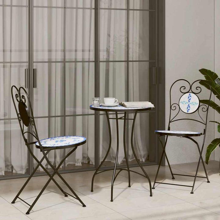bistrosæt med mosaikdesign jern og keramik blå og hvid