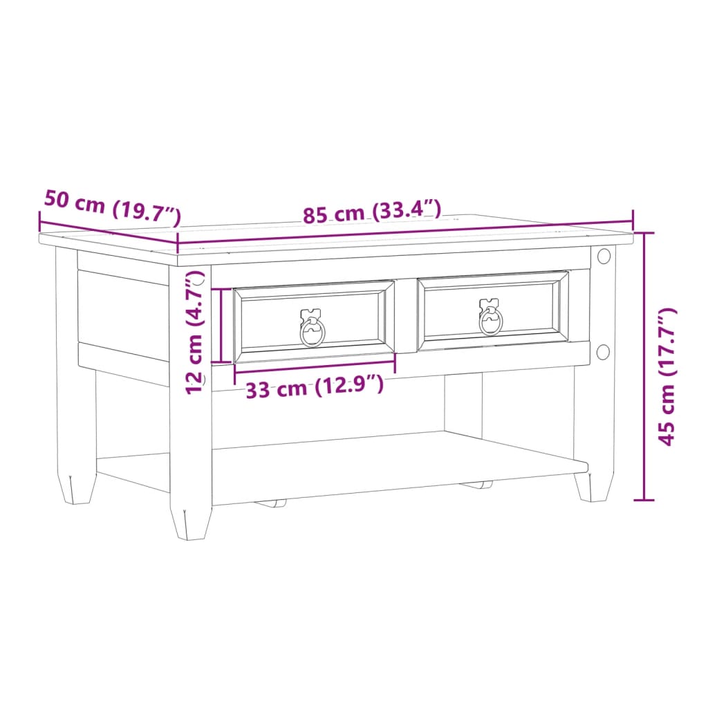 sofabord med skuffer Corona 85x50x45 cm massivt fyrretræ