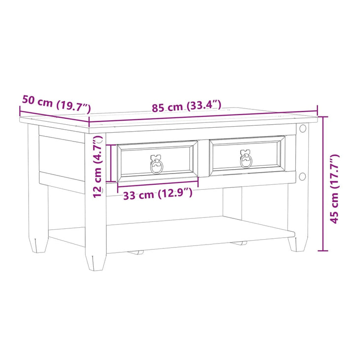 sofabord med skuffer Corona 85x50x45 cm massivt fyrretræ