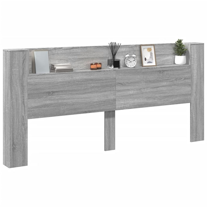 sengegavl m. opbevaring og LED-lys 220x16,5x103,5 cm grå sonoma