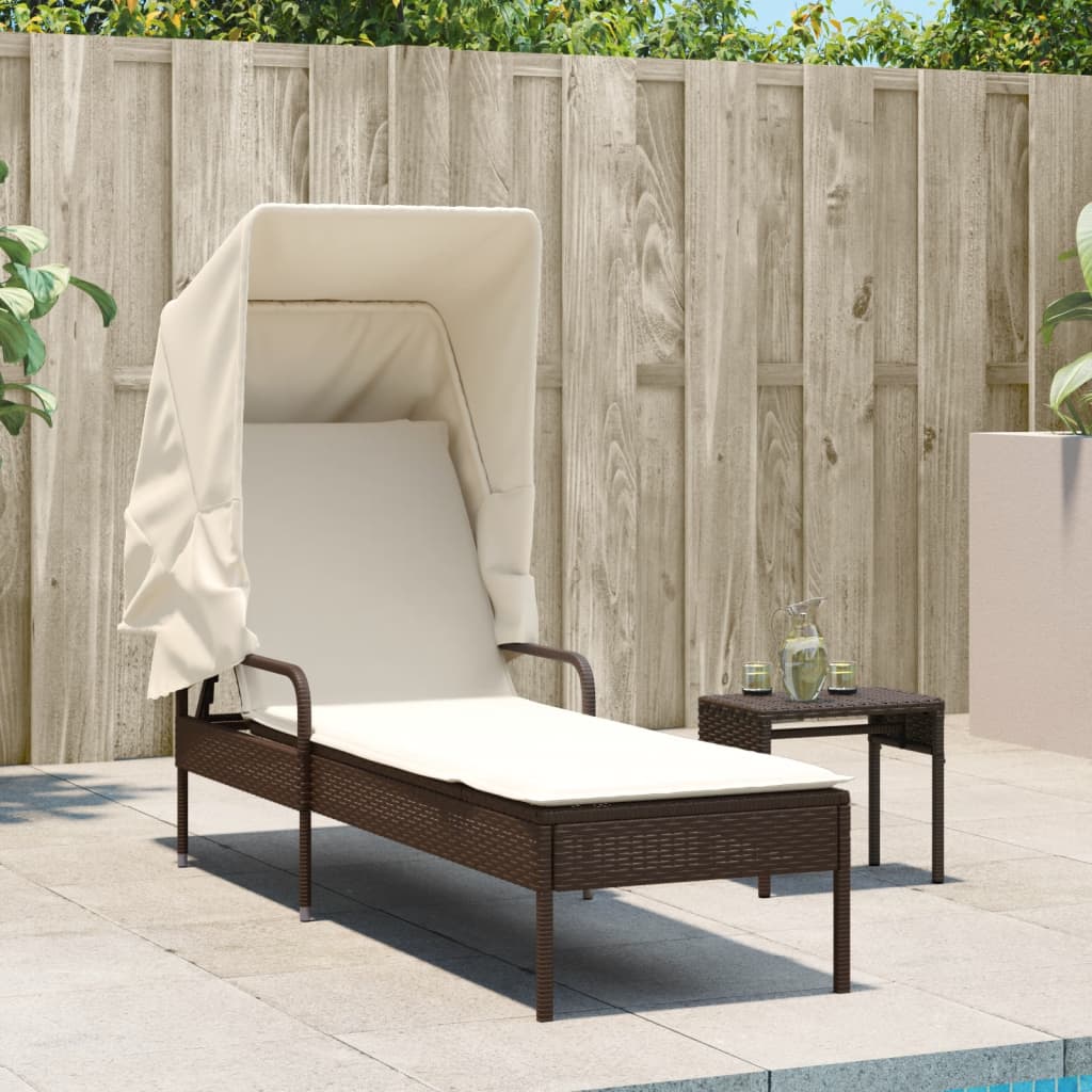 liggestol med baldakin og bord polyrattan brun