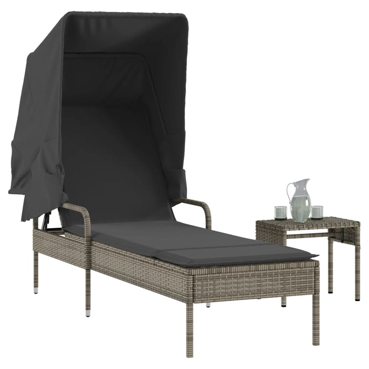 liggestol med baldakin og bord polyrattan grå