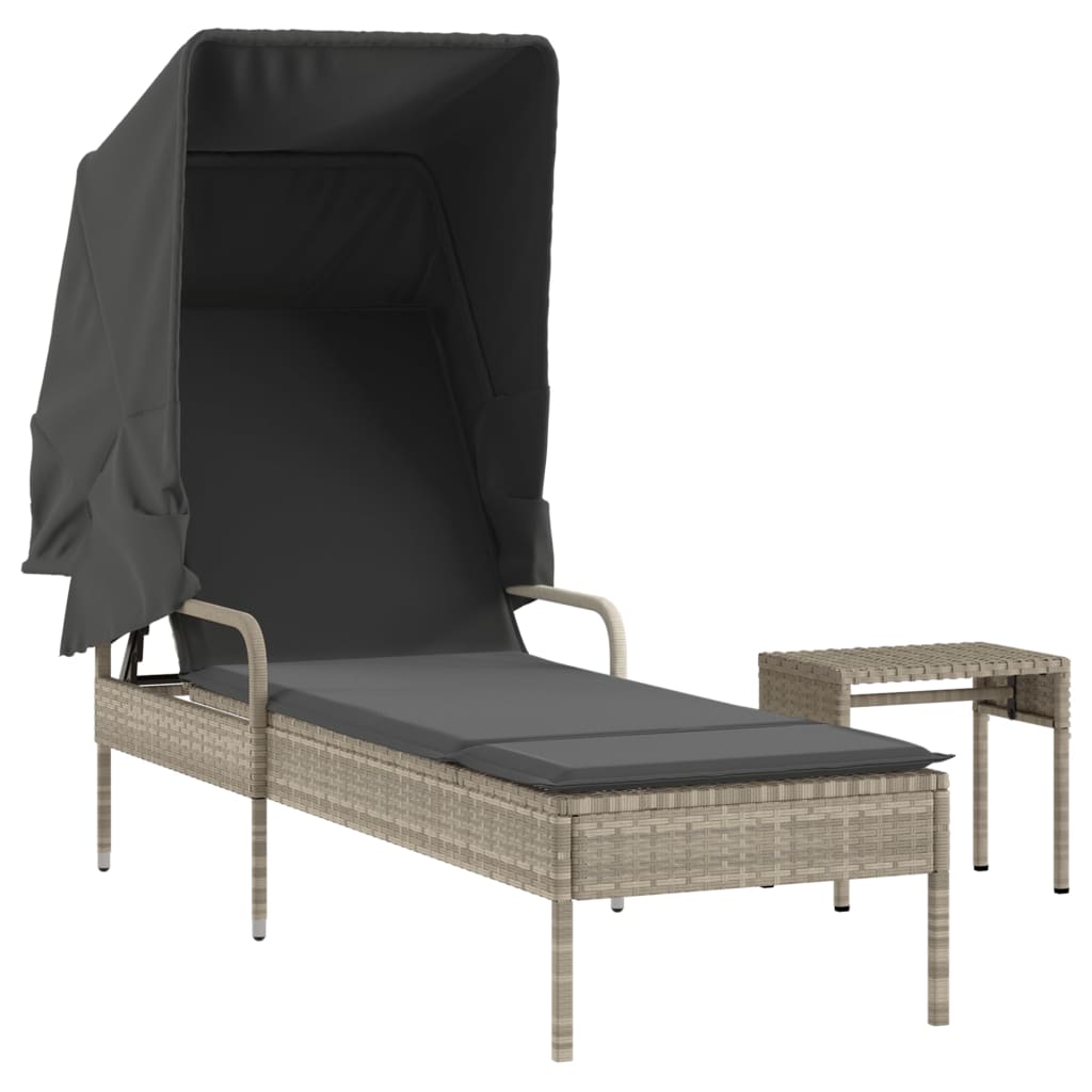 liggestol med baldakin og bord polyrattan lysegrå