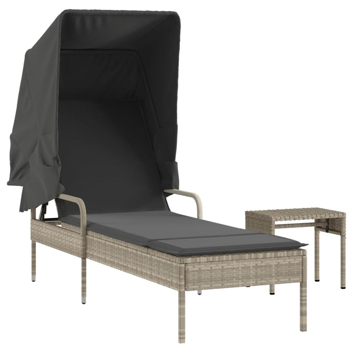 liggestol med baldakin og bord polyrattan lysegrå