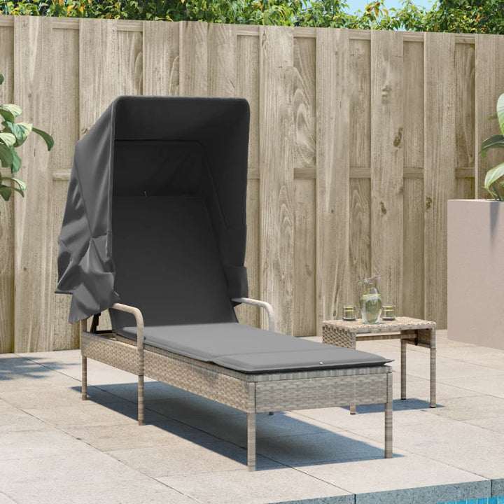 liggestol med baldakin og bord polyrattan lysegrå