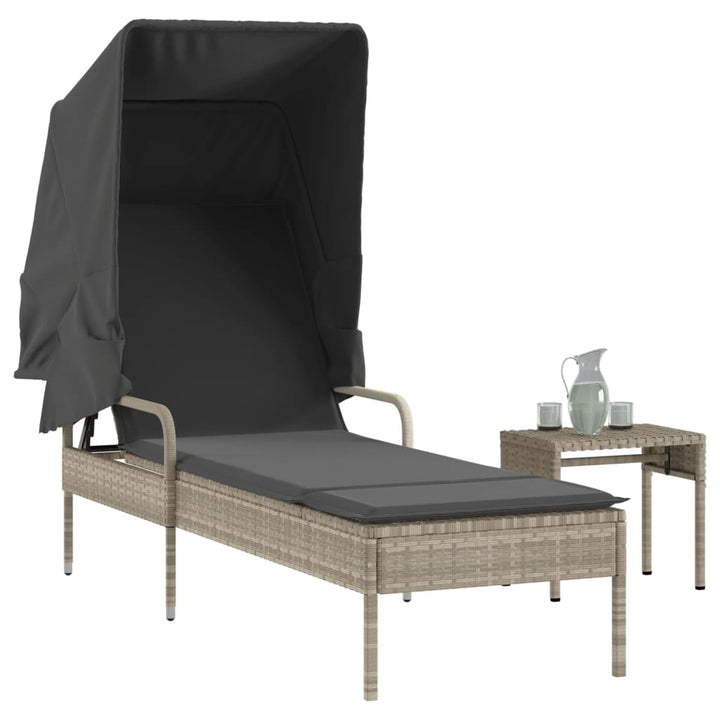 liggestol med baldakin og bord polyrattan lysegrå
