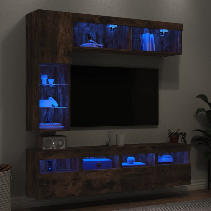 væghængt tv-møbel 7 dele med LED-lys røget egetræsfarve