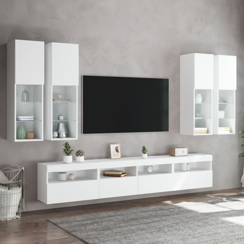 væghængt tv-møbel 6 dele med LED-lys hvid