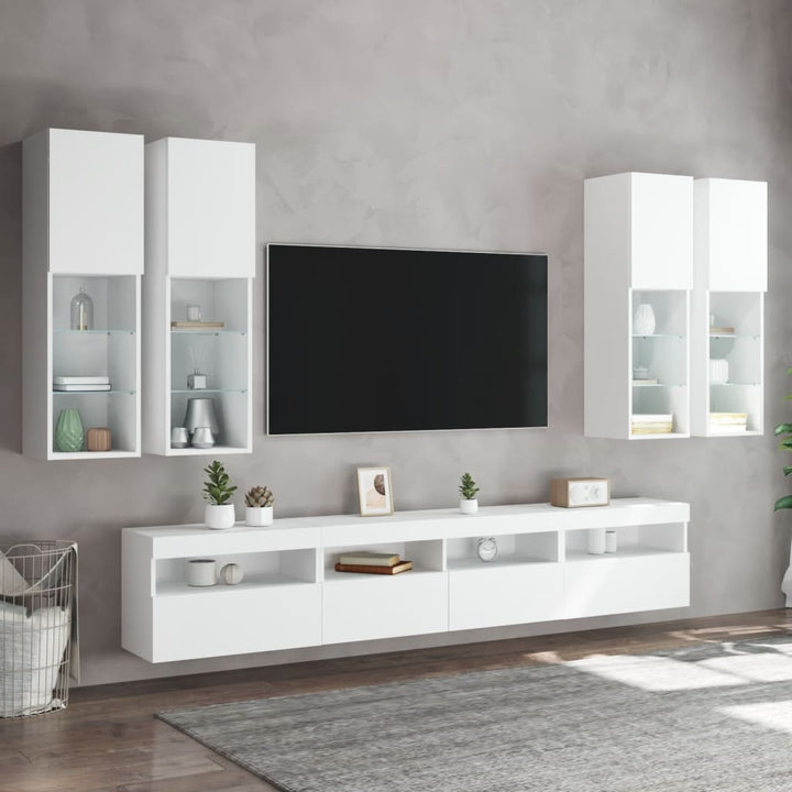 væghængt tv-møbel 6 dele med LED-lys hvid