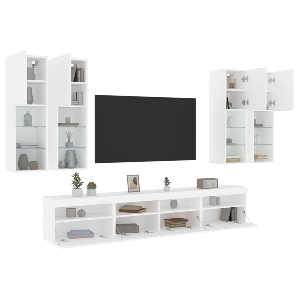 væghængt tv-møbel 6 dele med LED-lys hvid