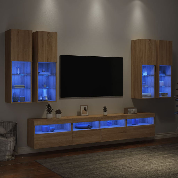 væghængt tv-møbel 7 dele med LED-lys sonoma-eg