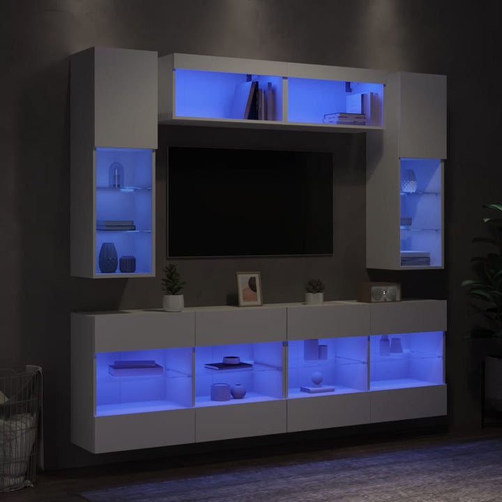 væghængt tv-møbel 6 dele med LED-lys hvid