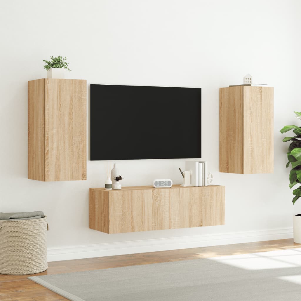 væghængt tv-møbel 3 dele med LED-lys sonoma-eg