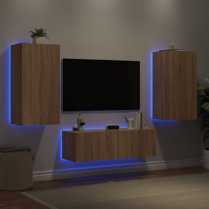 væghængt tv-møbel 3 dele med LED-lys sonoma-eg