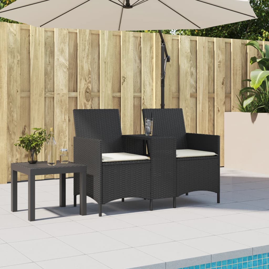 2-personers sofa med bord og hynder polyrattan sort
