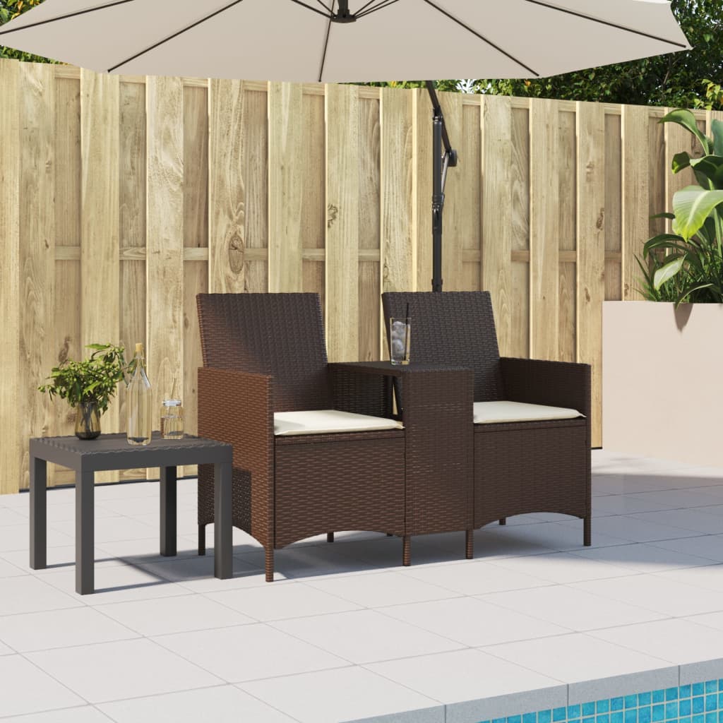 2-personers havesofa med bord og hynder polyrattan brun