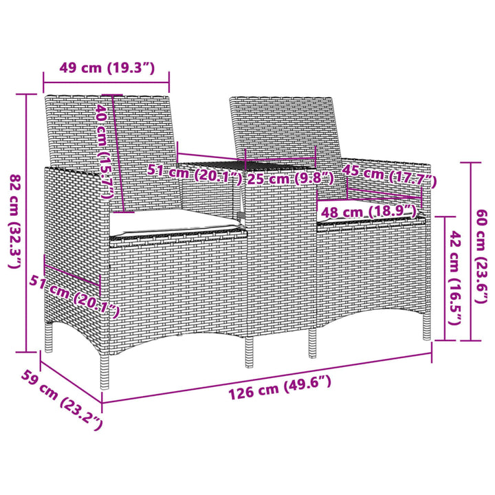2-personers havesofa med bord og hynder polyrattan brun