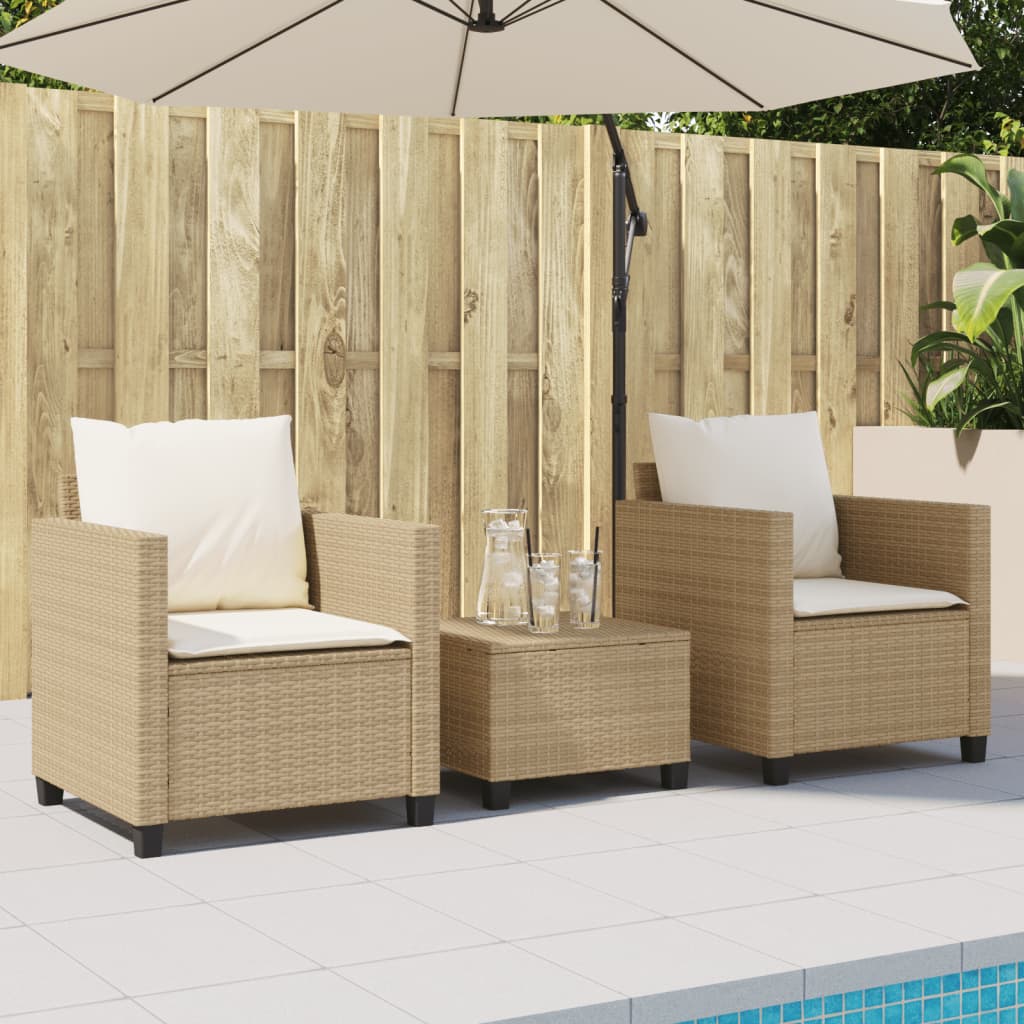 bistrosæt til haven 3 dele med hynder polyrattan beige