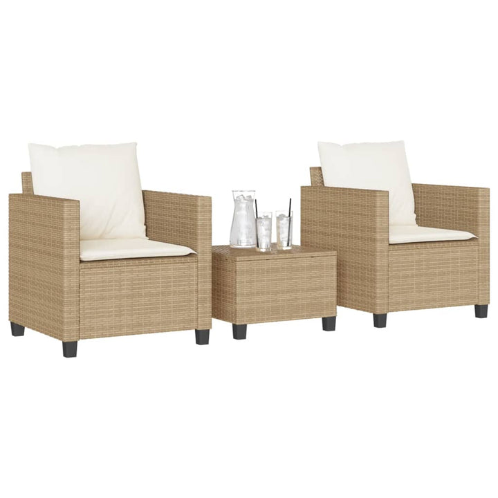 bistrosæt til haven 3 dele med hynder polyrattan beige