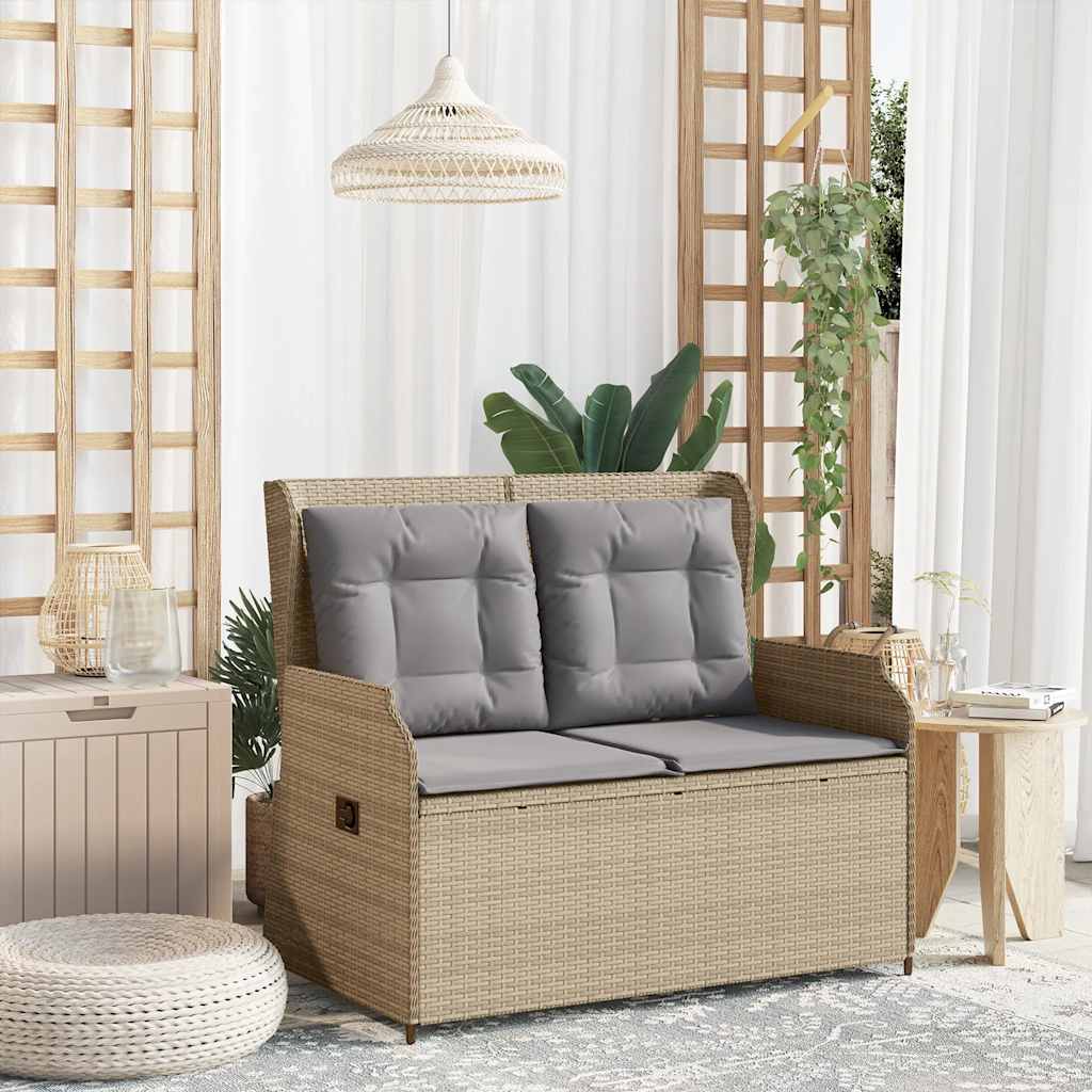 havebænk med hynder og lænefunktion polyrattan beige