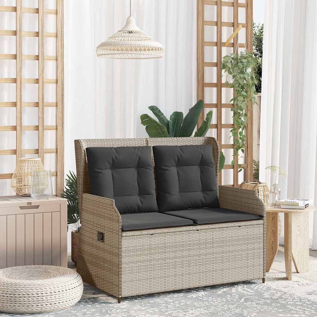 havebænk med hynder og lænefunktion polyrattan lysegrå