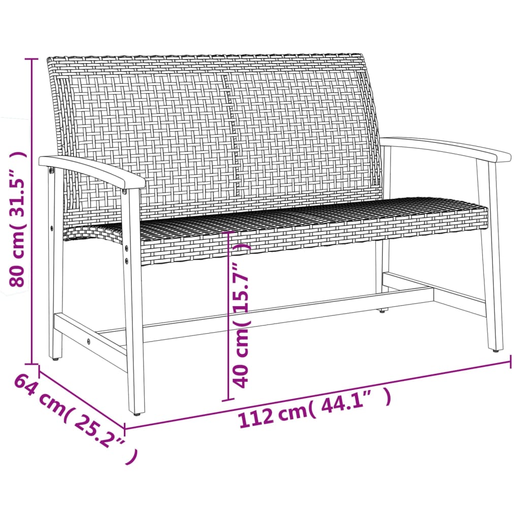 havebænk 112 cm polyrattan og akacietræ grå